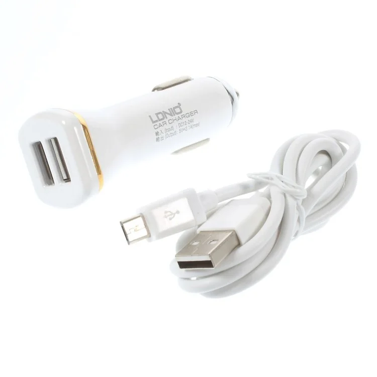 LDNIO DL-DC219 2.1A Dual USB Car Charger Adapter + Micro USB Charging Cable - White