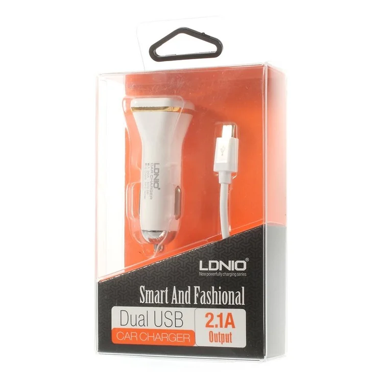LDNIO DL-DC219 2.1A Dual USB Car Charger Adapter + Micro USB Charging Cable - White