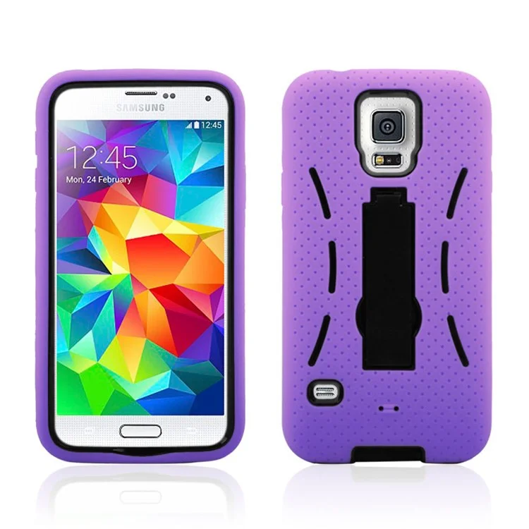 Hybrid Silicone + PC Defender Shell w/ Kickstand for Samsung Galaxy S5 G900 - Purple