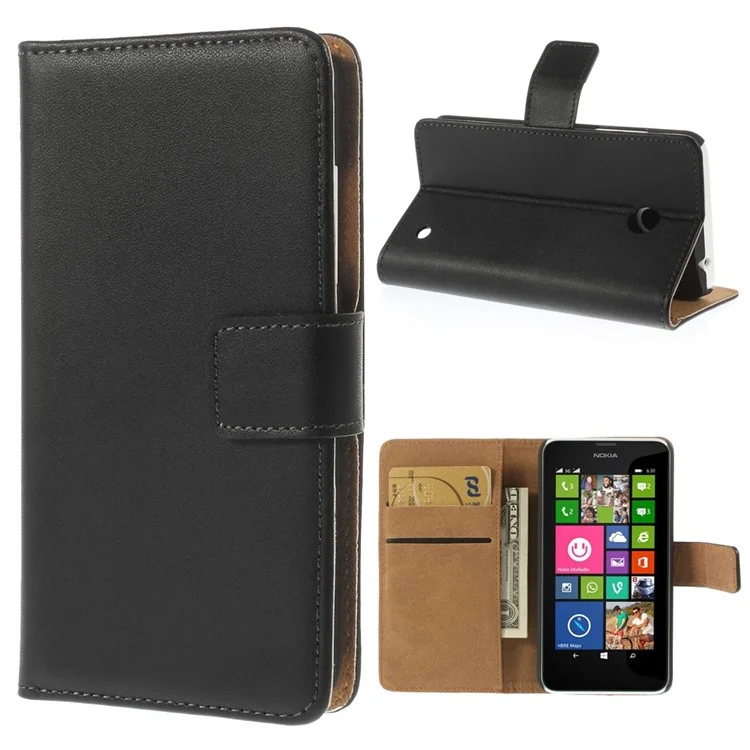 Genuine Split Leather Wallet Case w/ Stand for Nokia Lumia 635 630 - Black