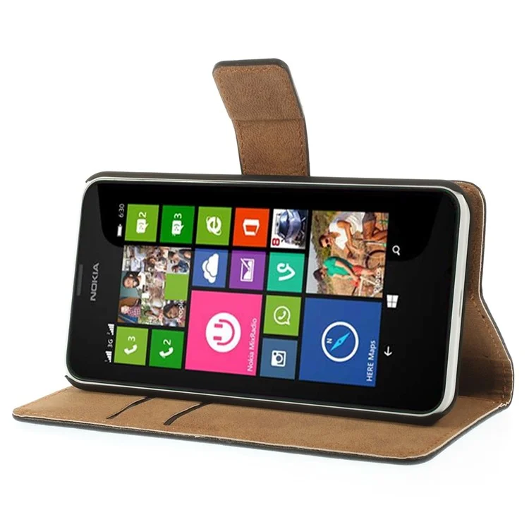 Genuine Split Leather Wallet Case w/ Stand for Nokia Lumia 635 630 - Black