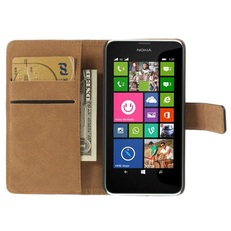 Genuine Split Leather Wallet Case w/ Stand for Nokia Lumia 635 630 - Black