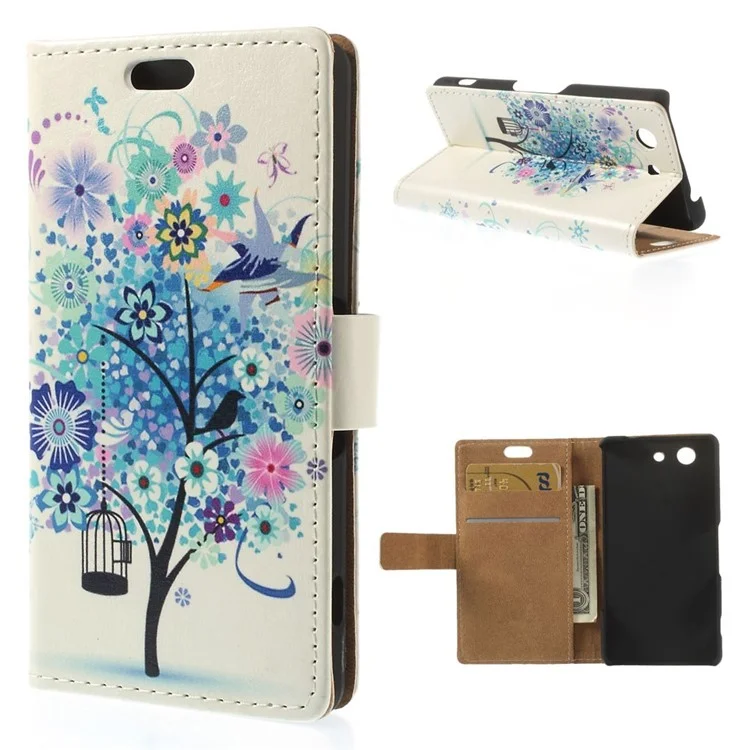 For Sony Xperia Z3 Compact D5803 M55w Illustration Style Leather Bracket Cover - Blue Tree & Birds