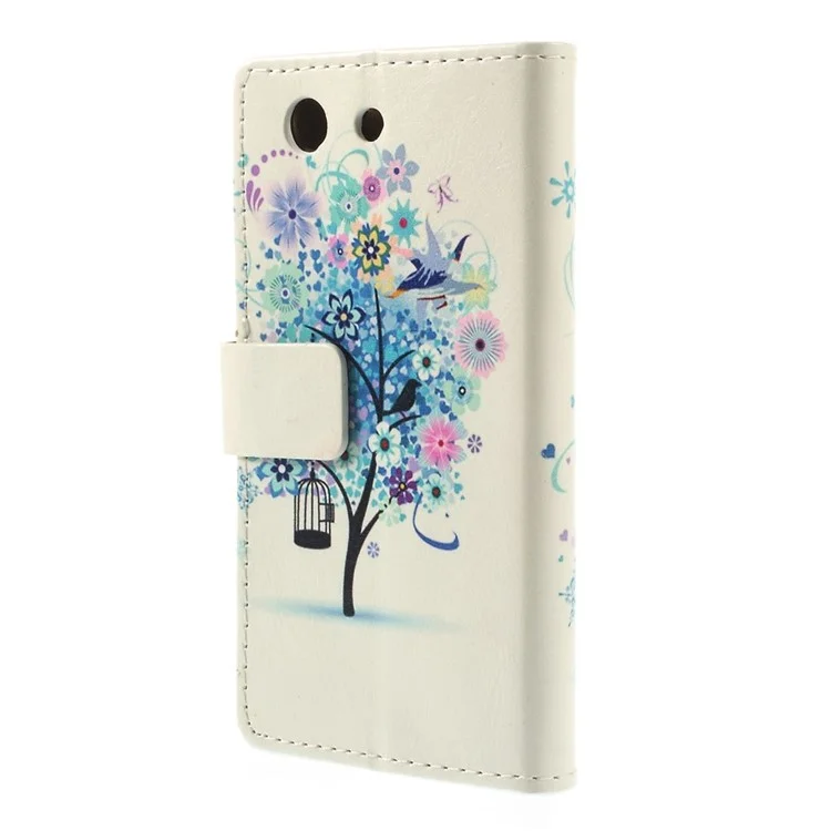 For Sony Xperia Z3 Compact D5803 M55w Illustration Style Leather Bracket Cover - Blue Tree & Birds