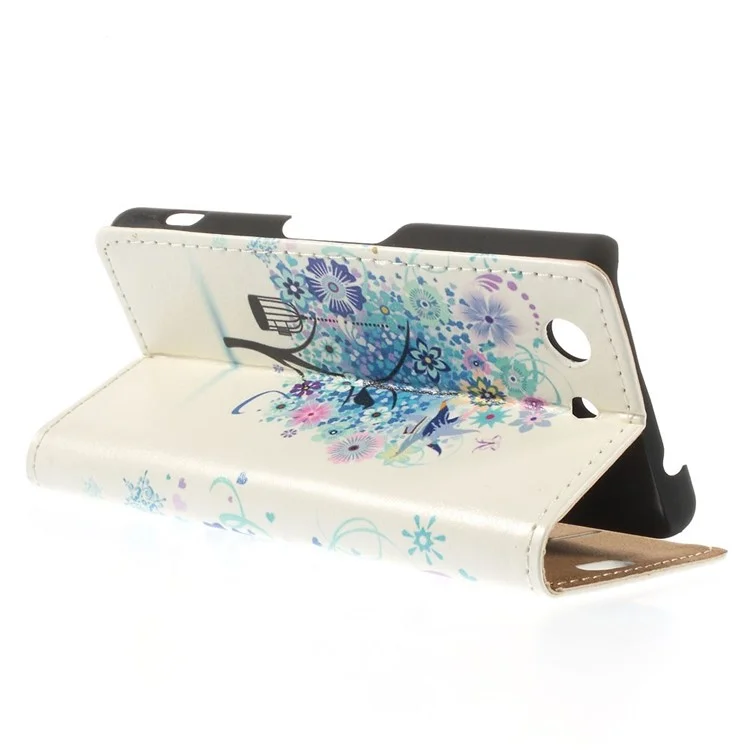 For Sony Xperia Z3 Compact D5803 M55w Illustration Style Leather Bracket Cover - Blue Tree & Birds