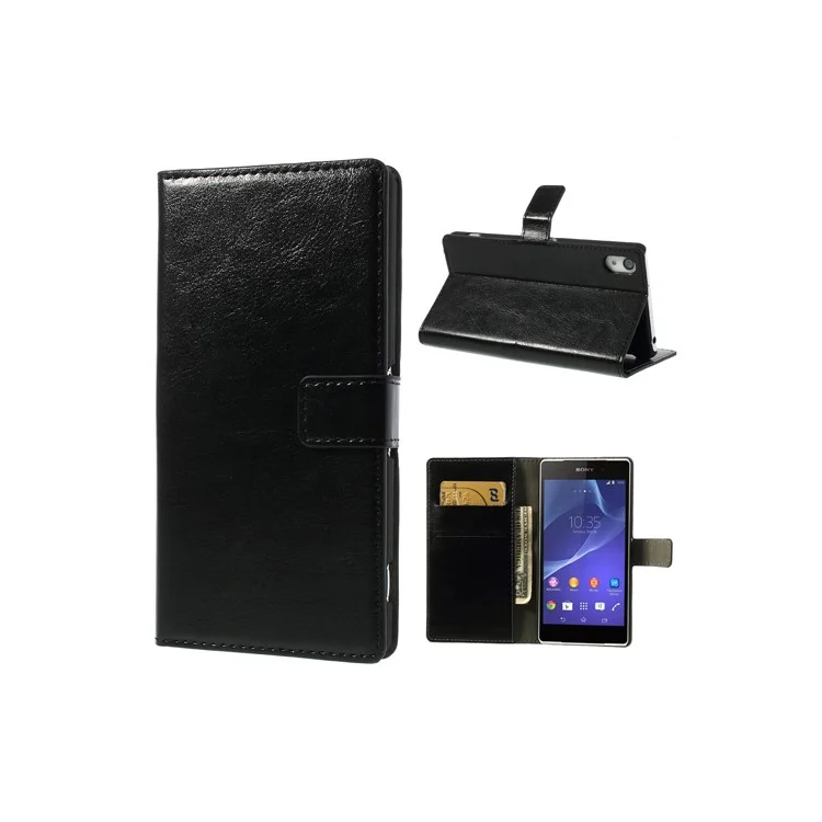 Crazy Horse for Sony Xperia Z2 D6502 D6503 D6543 Flip Leather Card Holder Case - Black