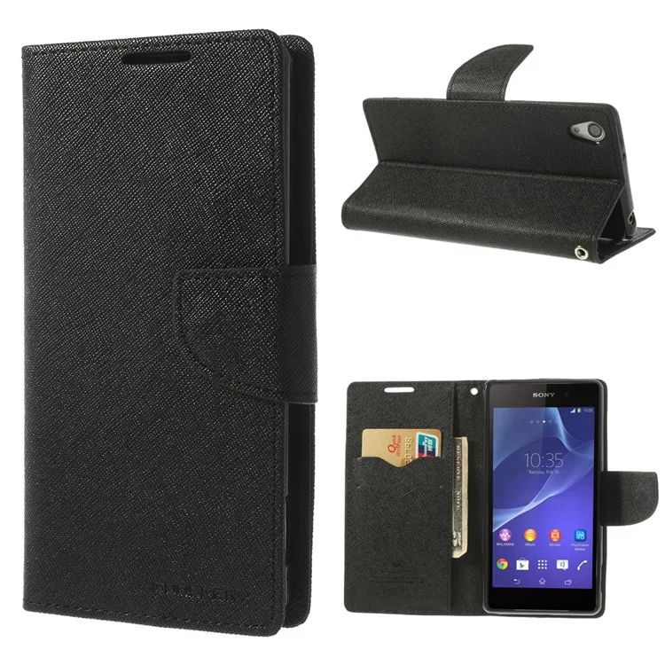 Mercury Fancy Diary Leather Wallet Stand Case for Sony Xperia Z2 D6502 D6503 D6543 - Black