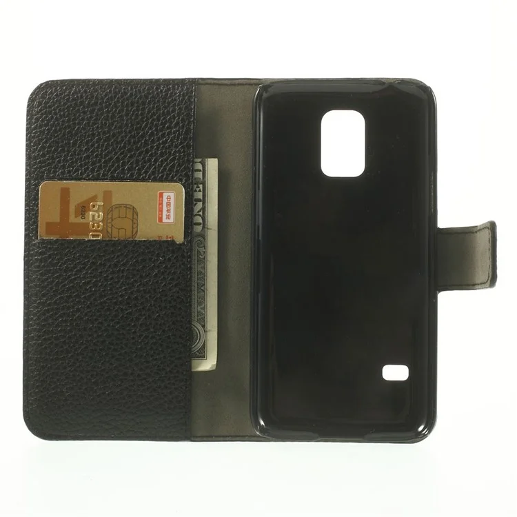 For Samsung Galaxy S5 mini SM-G800 Litchi Texture Leather Wallet Case w/ Stand - Black