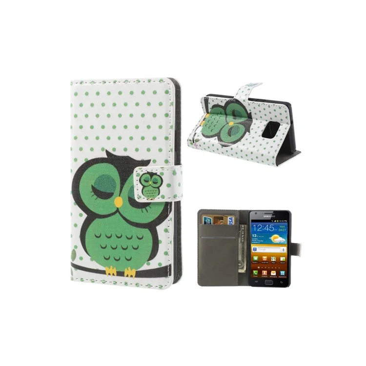 Cute Green Sleeping Owl Wallet Leather Cover Stand for Samsung I9100 Galaxy S II