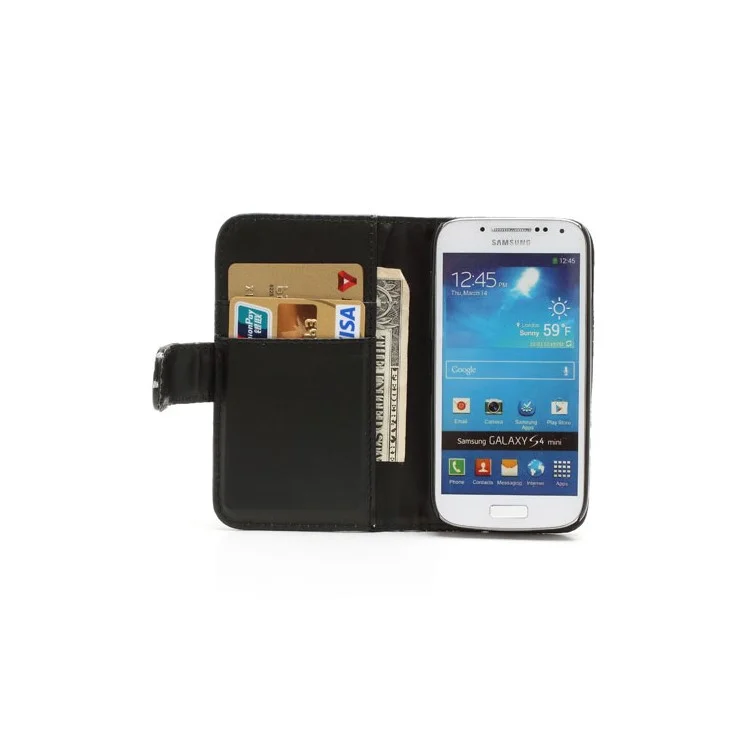 Glittery Powder Flower Leather Wallet Case for Samsung Galaxy S IV S4 mini I9190 I9192 I9195 - Black