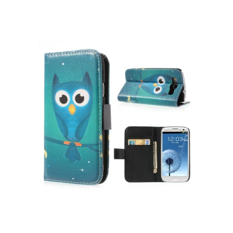 Blue Owl Pattern Card Wallet Leather Case Stand for Samsung Galaxy S3 I9300