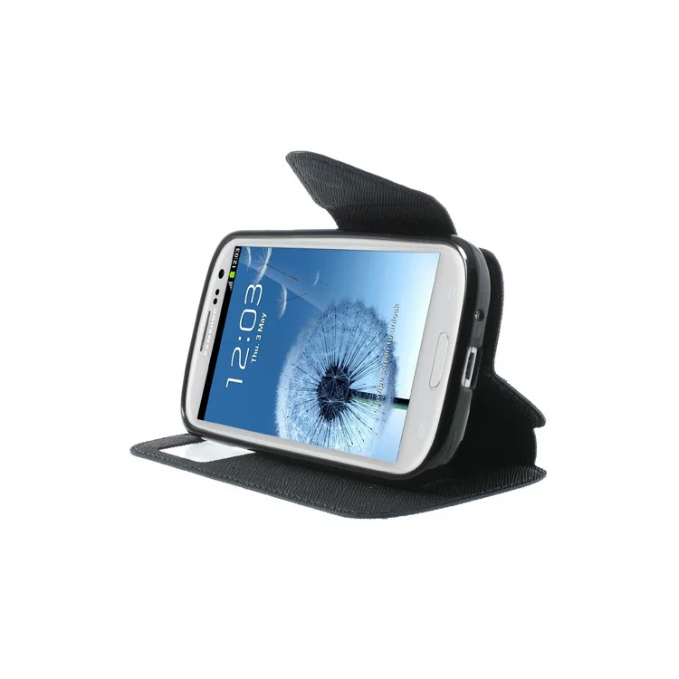 Roar Korea Fancy Diary for Samsung Galaxy S3 I9300 Magnetic Leather Wallet Case Stand w/ View Window - Black / Dark Blue