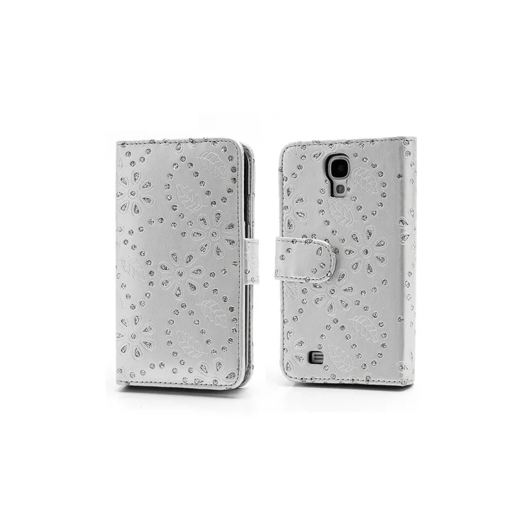 Glittery Powder Floral Leather Wallet Case Cover for Samsung Galaxy S IV 4 i9500 i9505 - Silver