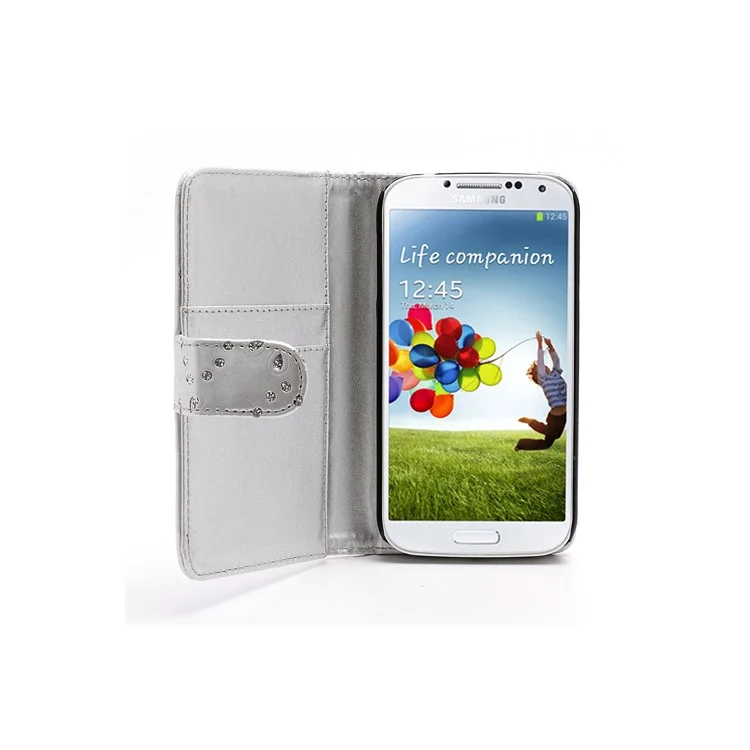 Glittery Powder Floral Leather Wallet Case Cover for Samsung Galaxy S IV 4 i9500 i9505 - Silver