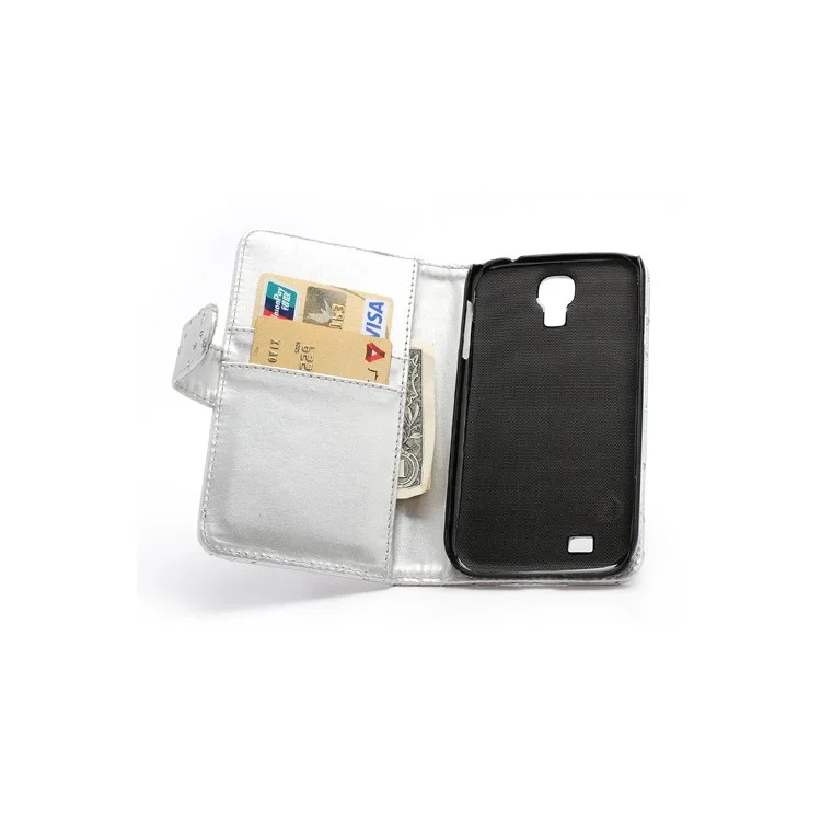 Glittery Powder Floral Leather Wallet Case Cover for Samsung Galaxy S IV 4 i9500 i9505 - Silver