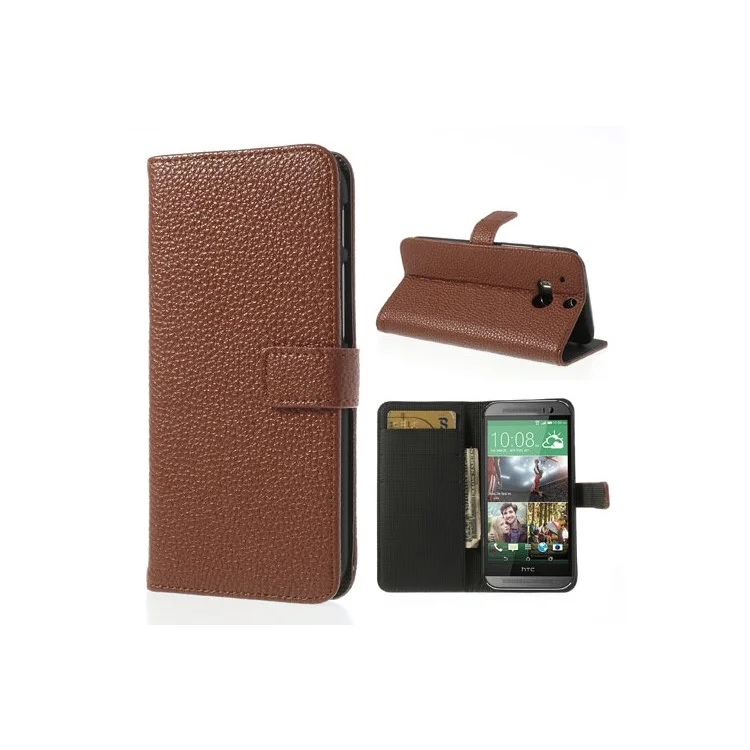 Brown for HTC One M8 Litchi Leather Card Slots Stand Cover