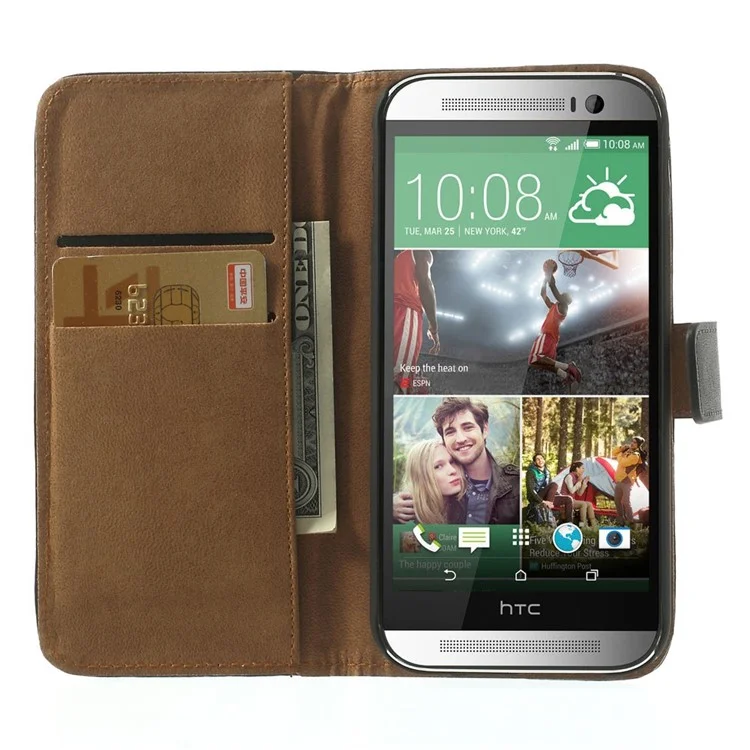 Genuine Split Leather Skin Wallet Case for HTC One M8 w/ Stand