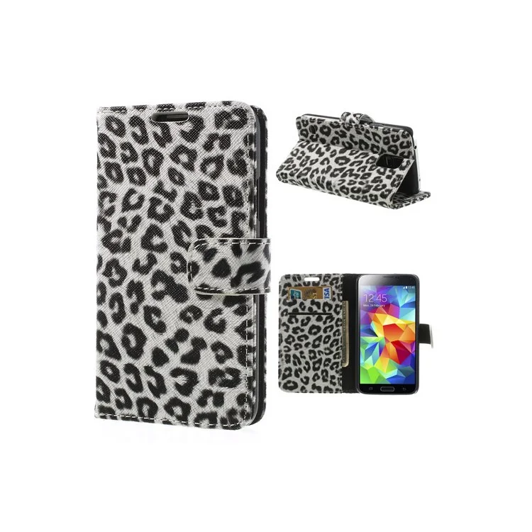 White Leopard Print Leather Wallet Case for Samsung Galaxy S5 G900 G900F G900A G900T G900V