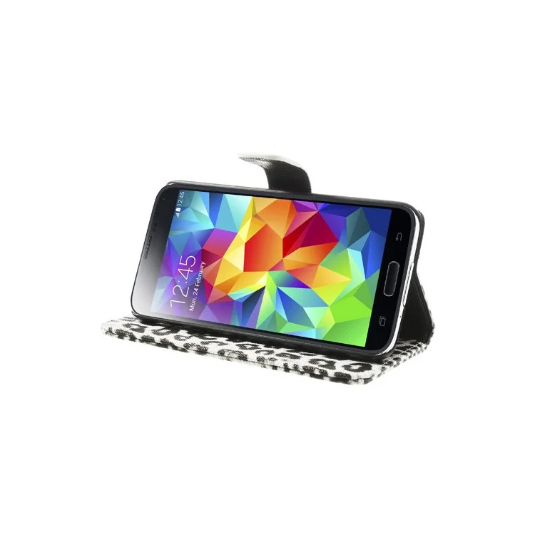 White Leopard Print Leather Wallet Case for Samsung Galaxy S5 G900 G900F G900A G900T G900V