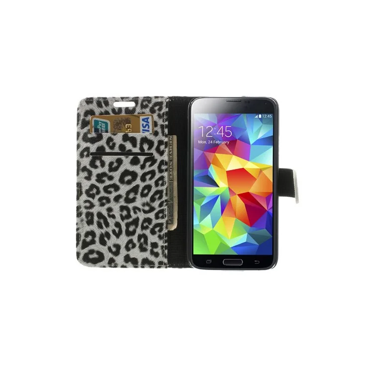 White Leopard Print Leather Wallet Case for Samsung Galaxy S5 G900 G900F G900A G900T G900V