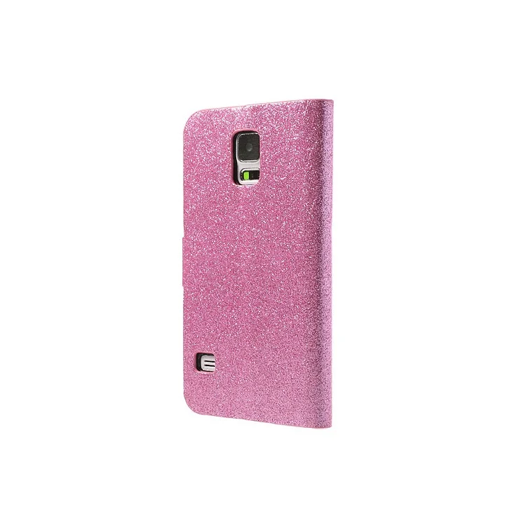 Pink Glitter Powder Wallet Leather Cover for Samsung Galaxy S5 G900 G900A w/ Diamante Magnetic Flap & Stand