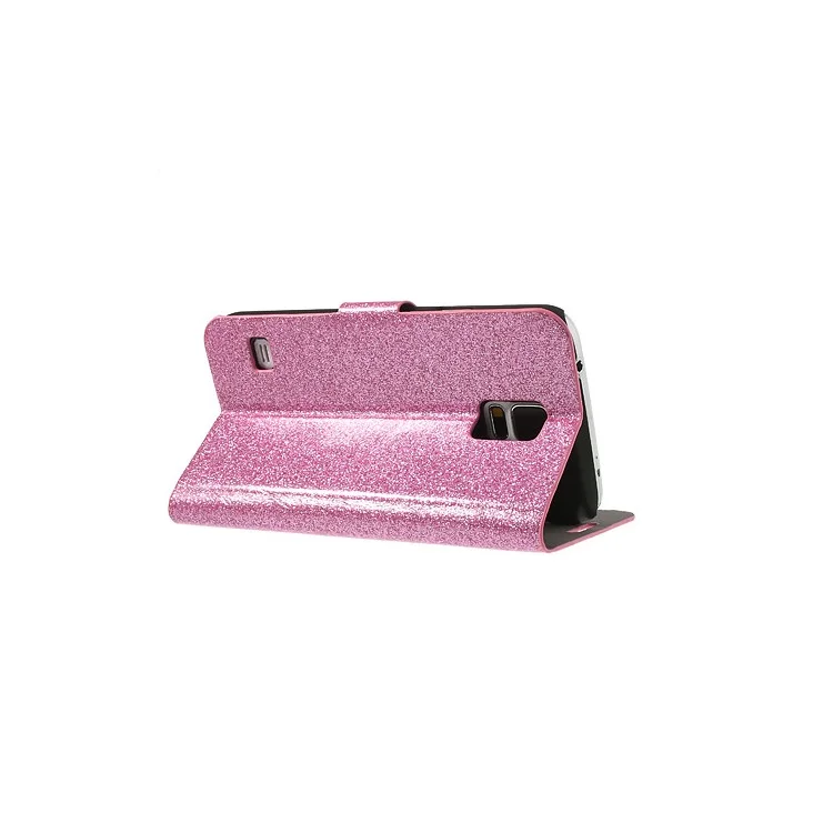 Pink Glitter Powder Wallet Leather Cover for Samsung Galaxy S5 G900 G900A w/ Diamante Magnetic Flap & Stand