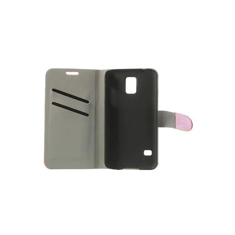Pink Glitter Powder Wallet Leather Cover for Samsung Galaxy S5 G900 G900A w/ Diamante Magnetic Flap & Stand