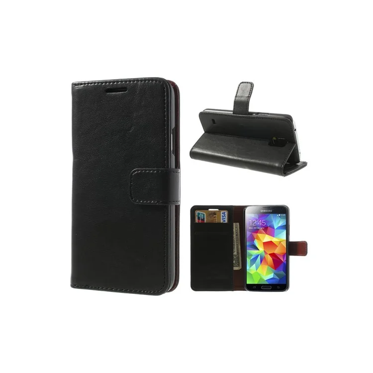 Crazy Horse Card Slots Leather Case for Samsung Galaxy S5 G900 w/ Stand - Black