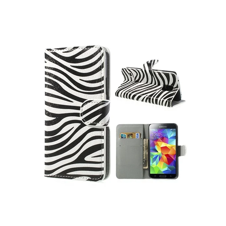 Zebra Design Leather Wallet Case Cover for Samsung Galaxy S5 G900 w/ Stand