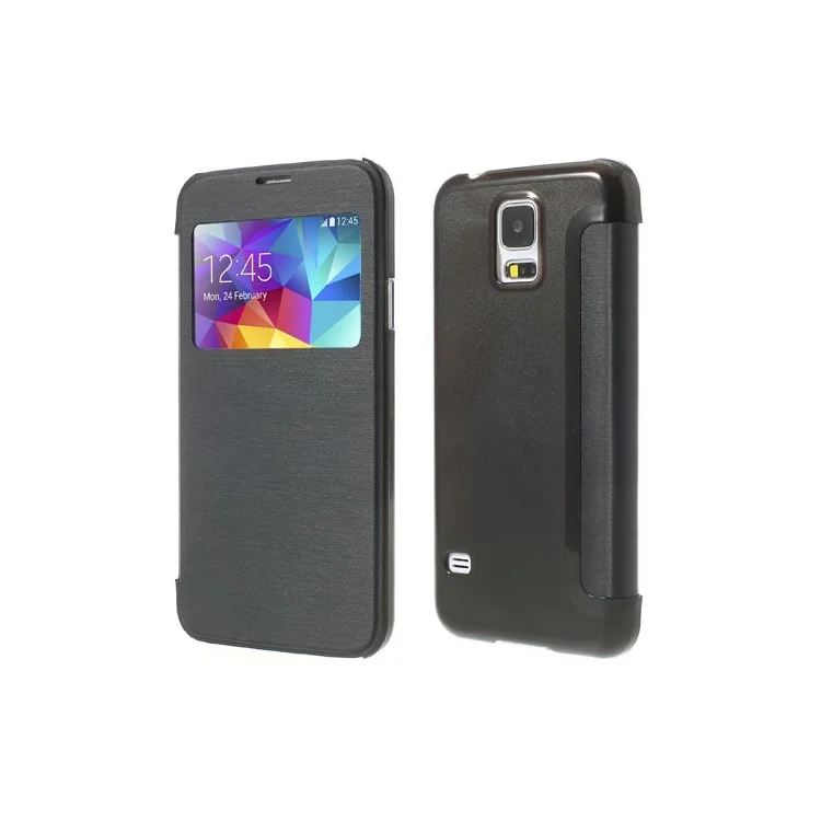 View Window Leather Cover + PC Back Folio Case for Samsung Galaxy S5 G900 - Black