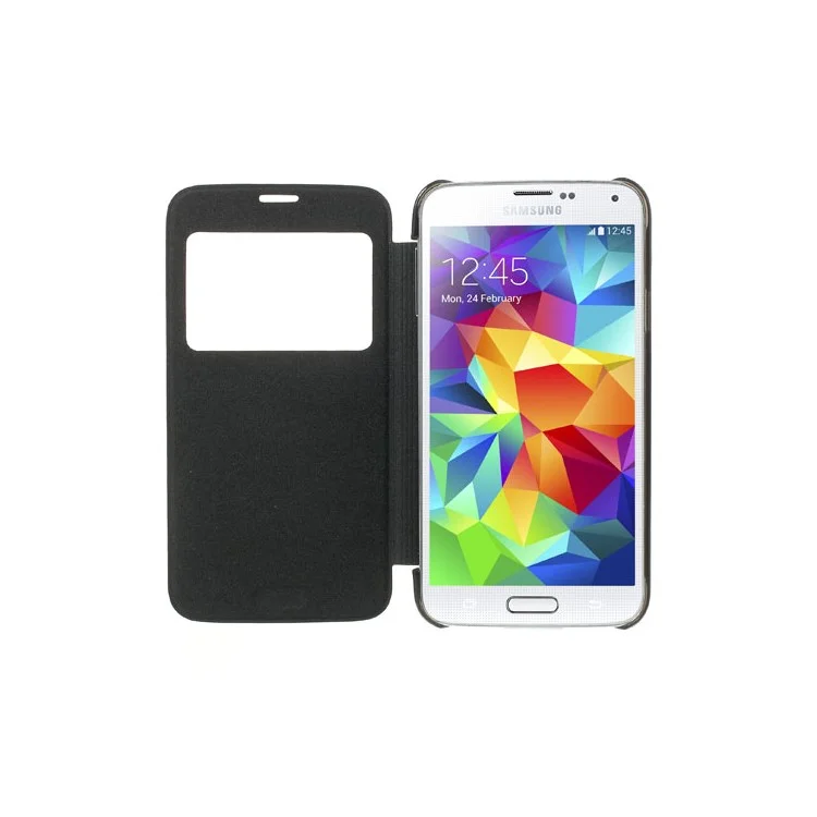View Window Leather Cover + PC Back Folio Case for Samsung Galaxy S5 G900 - Black