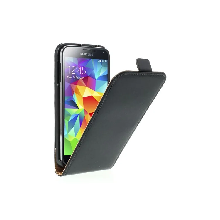 Black Genuine Split Leather Vertical Flip Case for Samsung Galaxy S5 G900