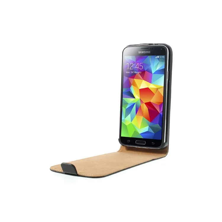 Black Genuine Split Leather Vertical Flip Case for Samsung Galaxy S5 G900