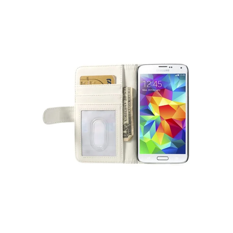 White Leather Wallet Stand Cover for Samsung Galaxy S5 SV G900 w/ 3 Card Slots