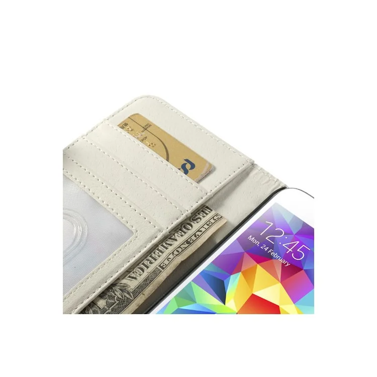 White Leather Wallet Stand Cover for Samsung Galaxy S5 SV G900 w/ 3 Card Slots