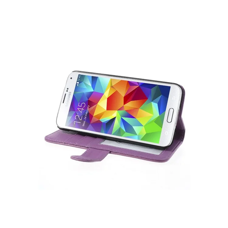 Purple Leather Wallet Stand Case for Samsung Galaxy S5 SV G900 w/ 3 Card Slots