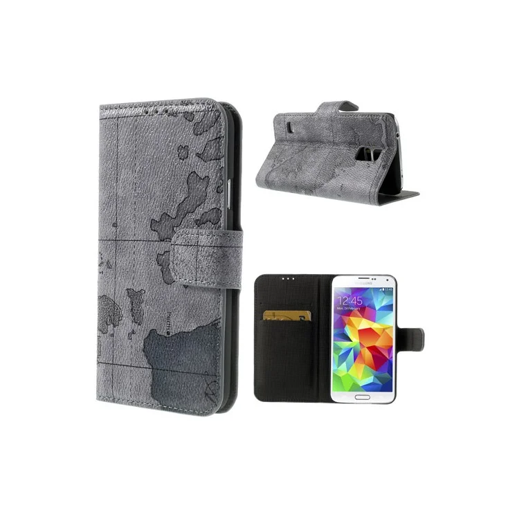 World Map Leather Case Stand w/ Card Slots for Samsung Galaxy S5 G900 - Grey