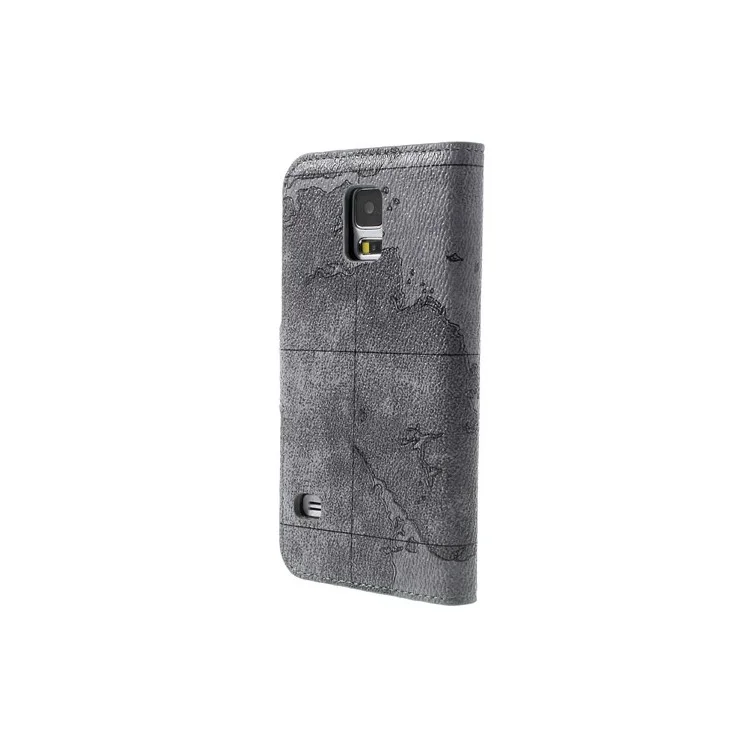World Map Leather Case Stand w/ Card Slots for Samsung Galaxy S5 G900 - Grey
