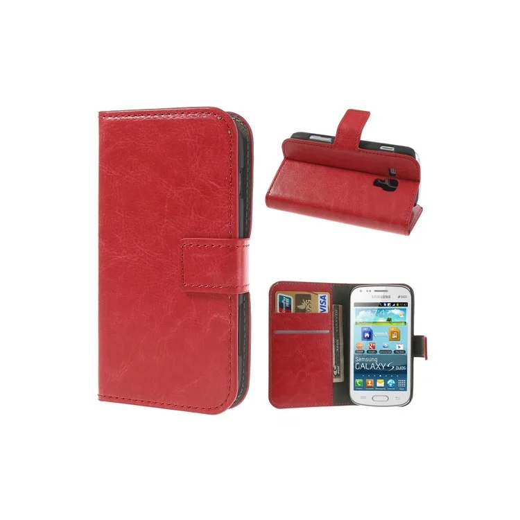 Red Crazy Horse Leather Wallet Case for Samsung Galaxy S Duos S7562 / Ace II X S7560M S7560