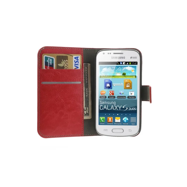 Red Crazy Horse Leather Wallet Case for Samsung Galaxy S Duos S7562 / Ace II X S7560M S7560