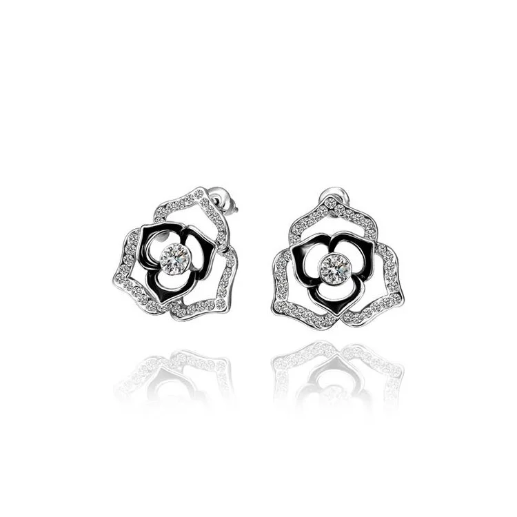 E543 Bling Rhinestone Decoration Elegance Flower Pattern Ear Studs for Ladies - Platinum Color Plated