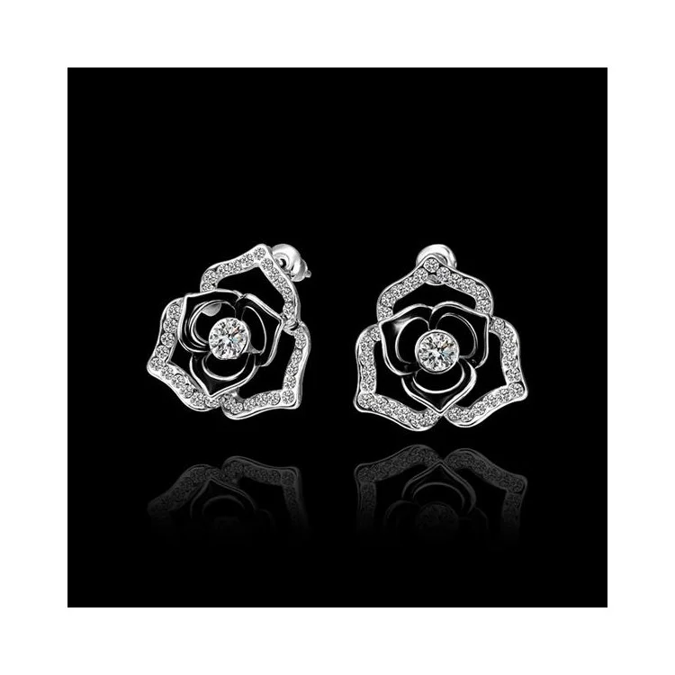 E543 Bling Rhinestone Decoration Elegance Flower Pattern Ear Studs for Ladies - Platinum Color Plated