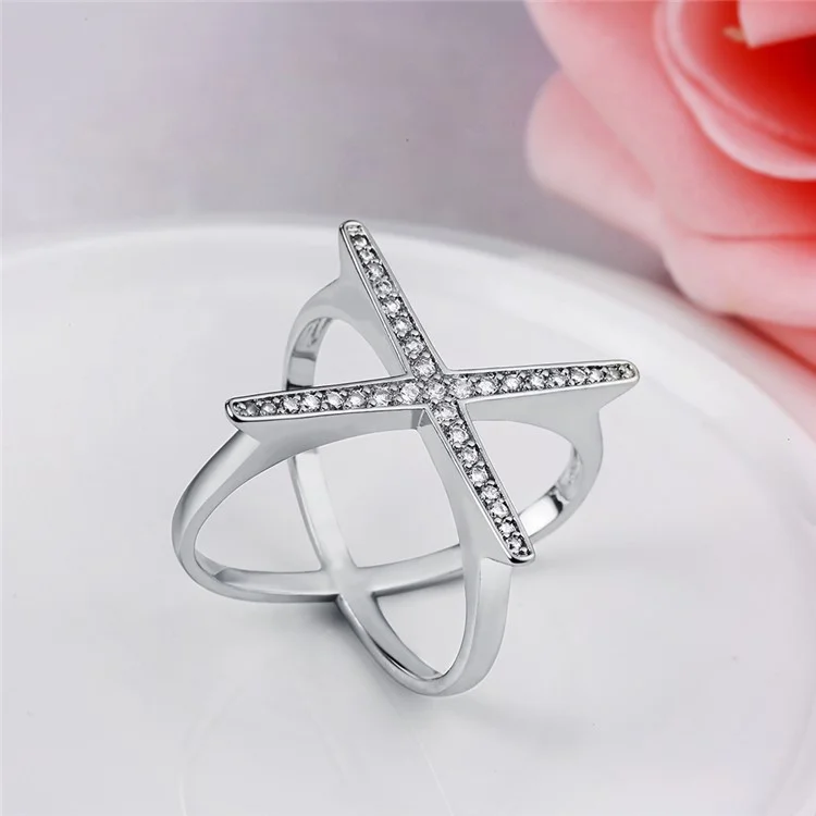 KZCR467 Fashionable Shiny Zircon Decor Cross Pattern Nice Rings for Women - Size: 9 / Platinum Plated