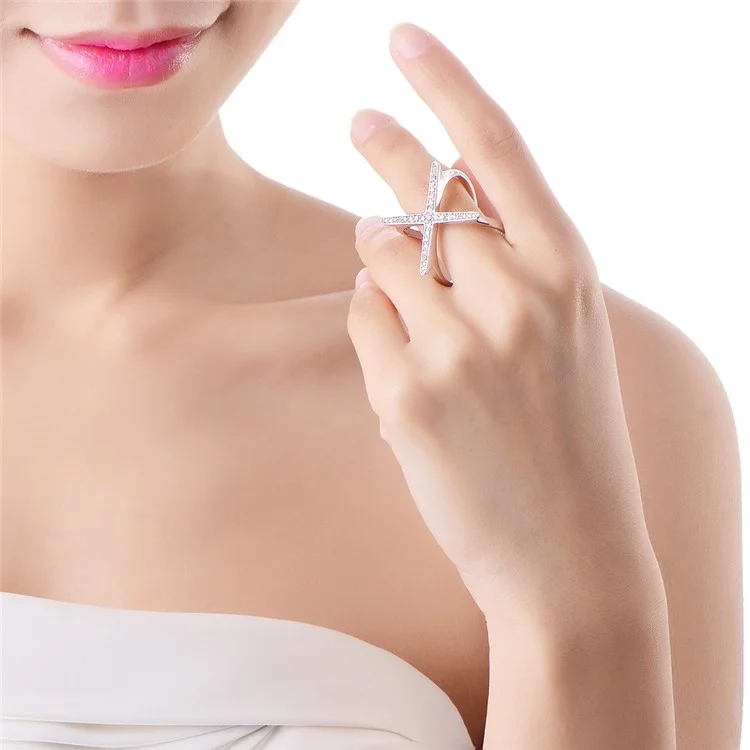 KZCR467 Fashionable Shiny Zircon Decor Cross Pattern Nice Rings for Women - Size: 9 / Platinum Plated