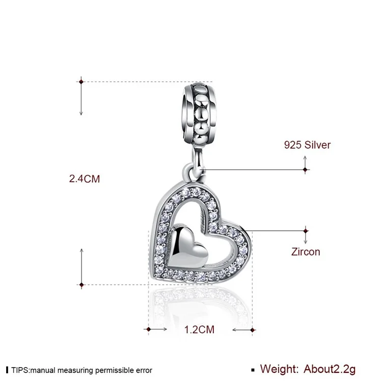 PDRSVP392 Zircon 925 Sterling Silver Dangle Charm Bead Part for DIY Jewelry Making Accessory - Hearts