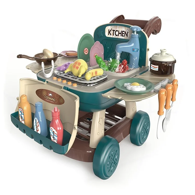 Kids Kitchen Shopping Cart Pretend Toddler Toys Play Kitchen Sink Toys Color Changing Funny Role Play Set with Light and Sound - Sky Blue