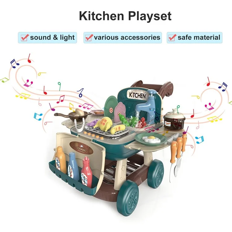 Kids Kitchen Shopping Cart Pretend Toddler Toys Play Kitchen Sink Toys Color Changing Funny Role Play Set with Light and Sound - Sky Blue