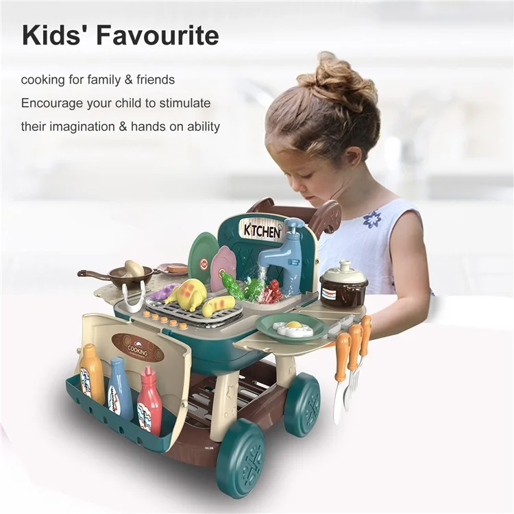 Kids Kitchen Shopping Cart Pretend Toddler Toys Play Kitchen Sink Toys Color Changing Funny Role Play Set with Light and Sound - Sky Blue