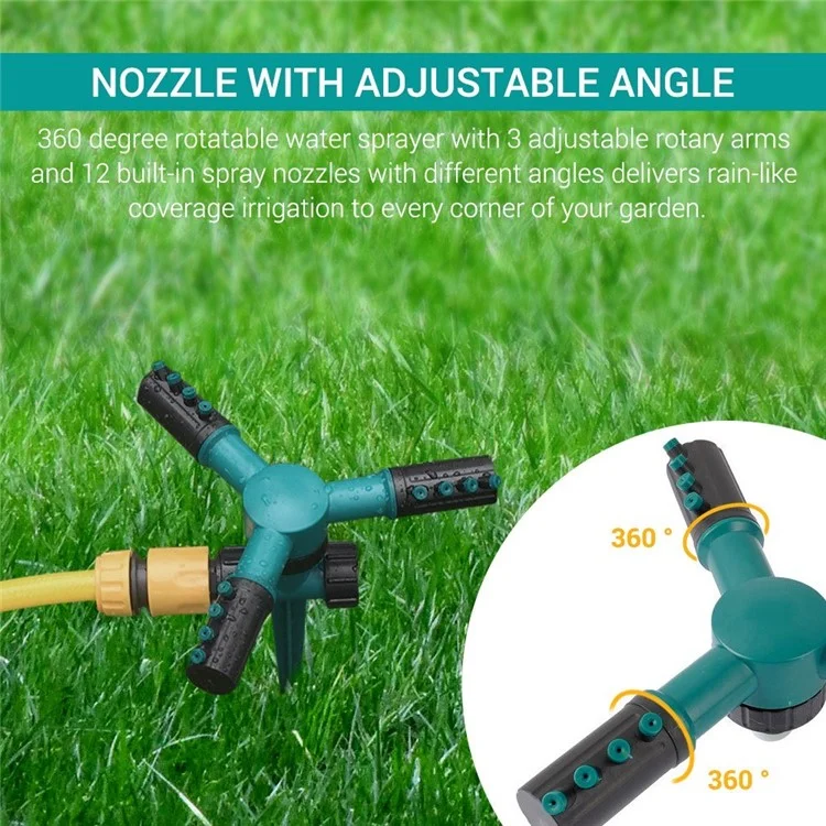 Garten-Sprinkler-Wasserspritze mit automatischer 360-Grad-Drehung, 3-armig, Beregnerungssystem für den Rasen mit Kunststoff-Bodenstecker
