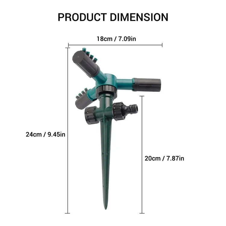 Garten-Sprinkler-Wasserspritze mit automatischer 360-Grad-Drehung, 3-armig, Beregnerungssystem für den Rasen mit Kunststoff-Bodenstecker